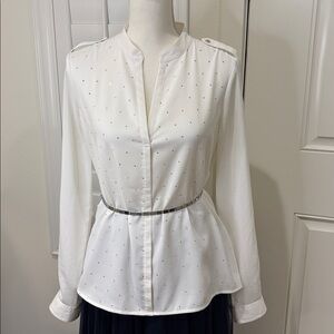 Calvin Klein White Jeweled Blouse Split Neck Long Sleeve Medium